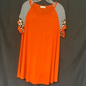 Women's Orange Top with Striped and Leopard Sleeves